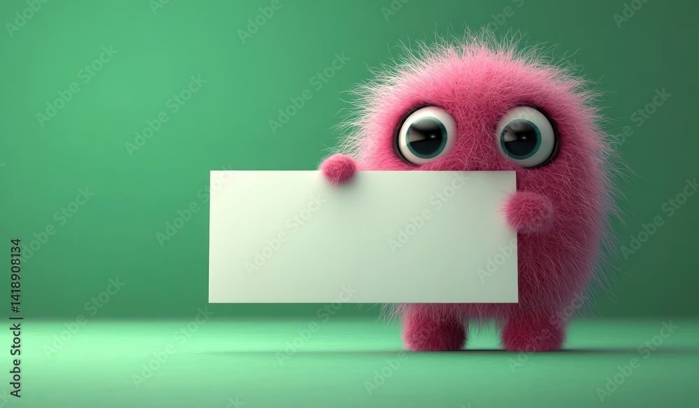 Fototapeta premium Cute fluffy pink monster with big eyes holding blank white sign 3d cartoon animal character minimalistic vibrant green background playful
