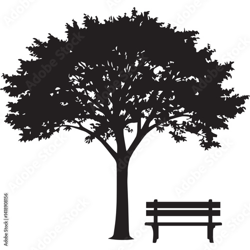Tree with Bench Silhouette Vector Park Bench and tree black Clipart White Background.
