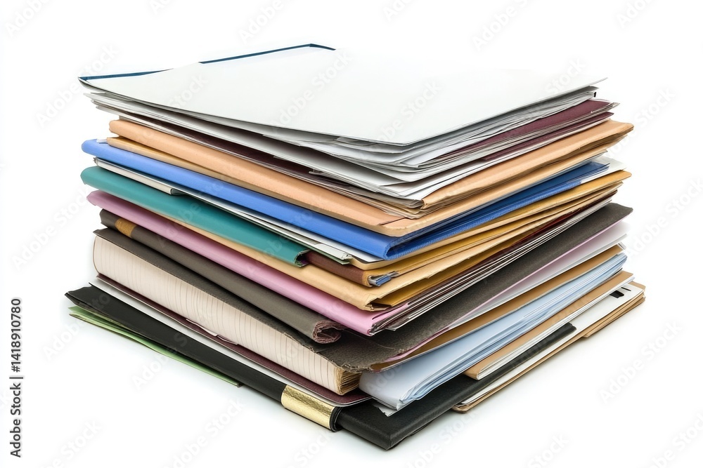A large stack of organized files and folders, representing paperwork, documents, and office administration. A large stack of organized files and folders, representing paperwork, documents, and office administration.