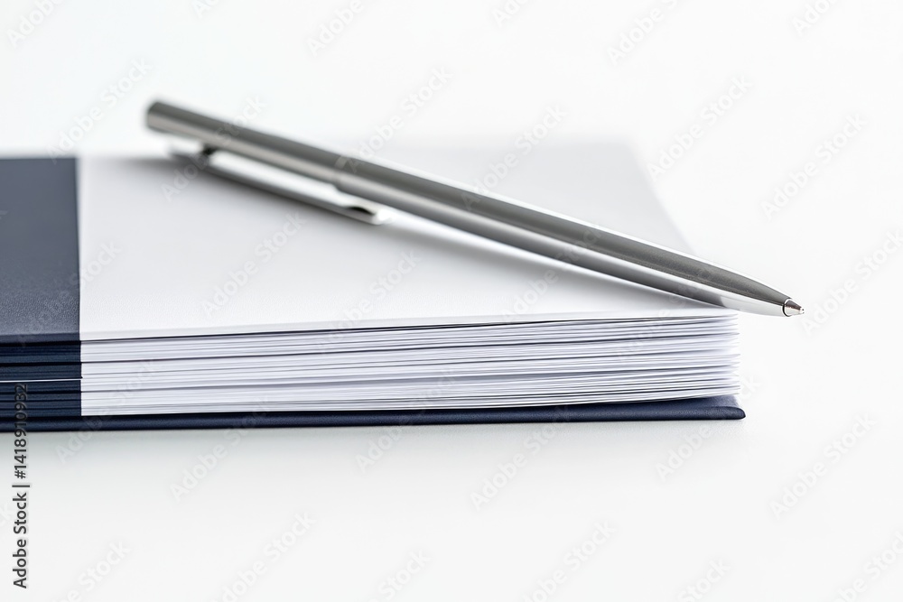 Naklejka premium A silver pen rests on a navy blue notebook filled with blank white pages, ready for writing or note-taking.