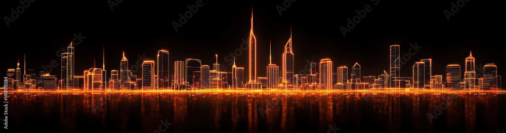 Fototapeta premium Minimalist Chicago Skyline Neon Orange Lines on Black Background Futuristic Urban Cityscape