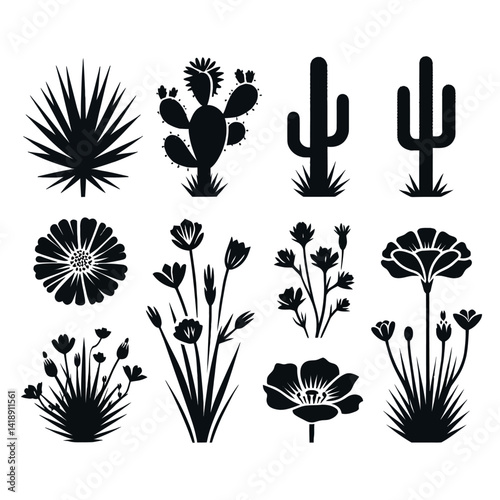 Silhouette vector logo set of desert flowers including cactus flower, agave bloom, yucca flower, desert marigold, and prickly poppy in black on white background, minimalist icon logo style 
