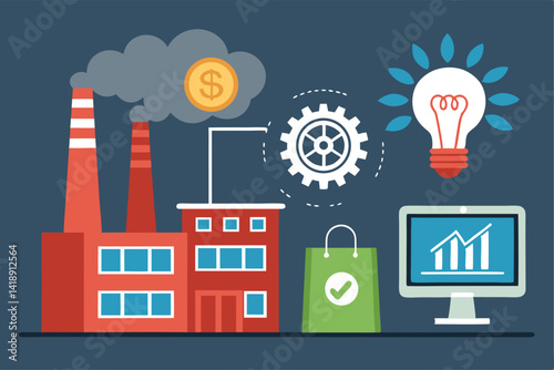 A surreal cityscape merging a bustling factory, vibrant marketplace, and sleek tech startup; showcasing the interwoven nature of industry, commerce, and innovation.
