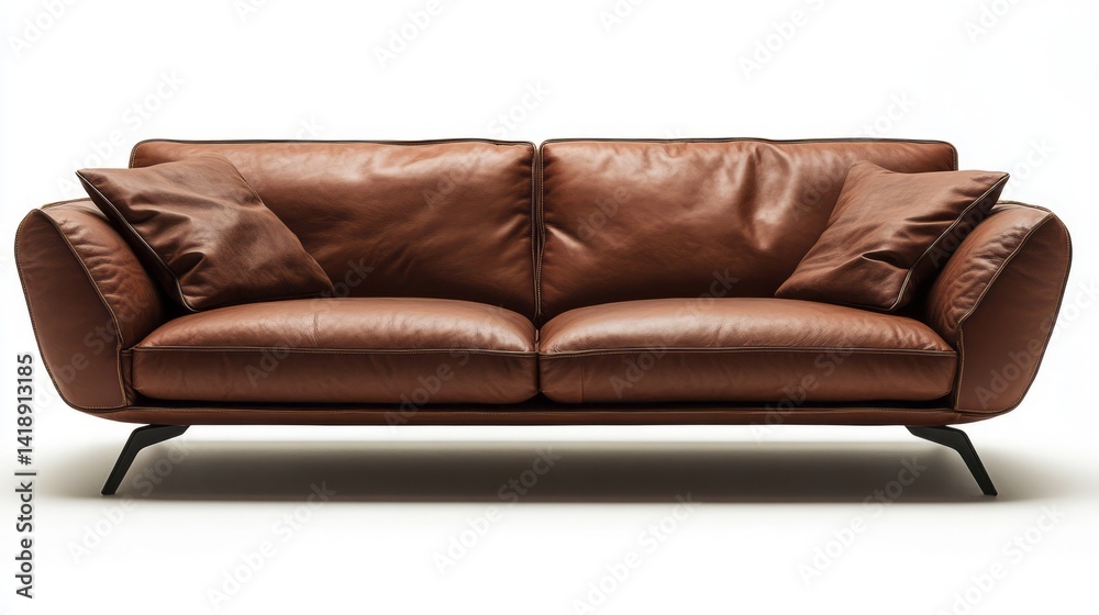 Obraz premium Luxurious brown leather sofa with pillows isolated against white background