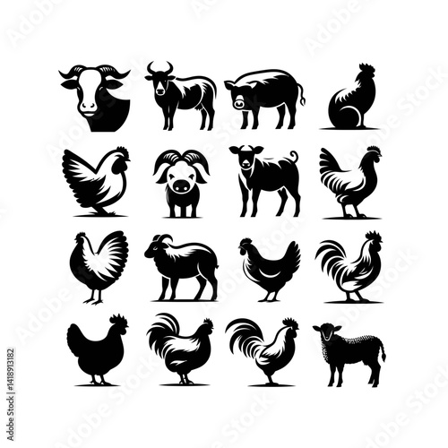 Silhouette vector logo set of domestic farm animals including cow, pig, sheep, goat, and chicken in black on white background, clean vector icon design