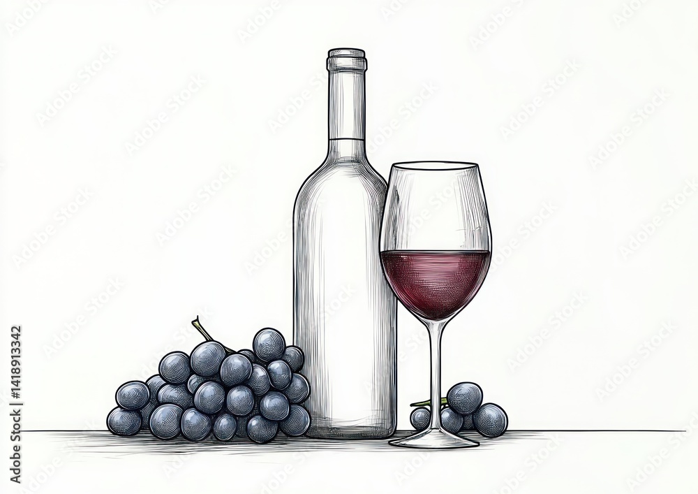 Fototapeta premium Minimalistic continuous one line drawing of wine bottle glass and grape bunch modern simple vector illustration