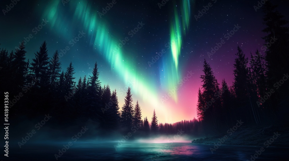 Obraz premium Northern Lights over winter forest by a river
