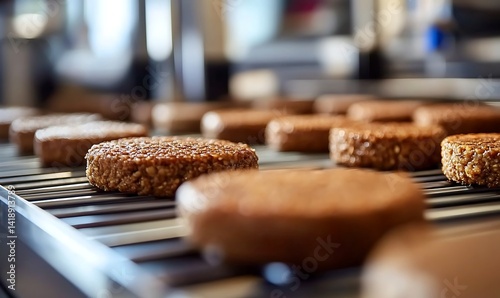 Plant based burger patties moving along a production line in a food processing facility. The focus is on the industrial process of creating meat alternatives for sustainable consumption, 