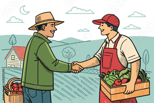 A farmer and local buyer shake hands after a successful transaction of fresh produce at a farmer's market.  Sunlight illuminates the scene.