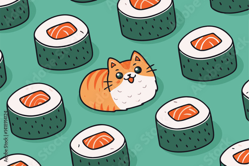 A chubby cat playfully peeking from behind a stack of sushi rolls, repeating the pattern in a humorous illustration.