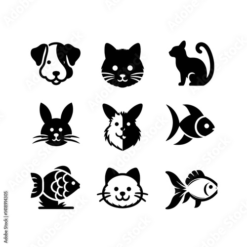 Silhouette vector logo set of pets including dog, cat, rabbit, hamster, and goldfish in black on white background, cute clean vector icon style