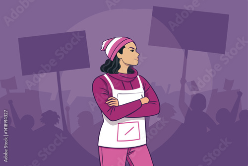 A powerful image of a determined woman protester, arms crossed defiantly, showcasing strength and resilience during a demonstration.