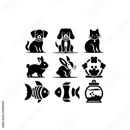 Silhouette vector logo set of pets including dog, cat, rabbit, hamster, and goldfish in black on white background, cute clean vector icon style