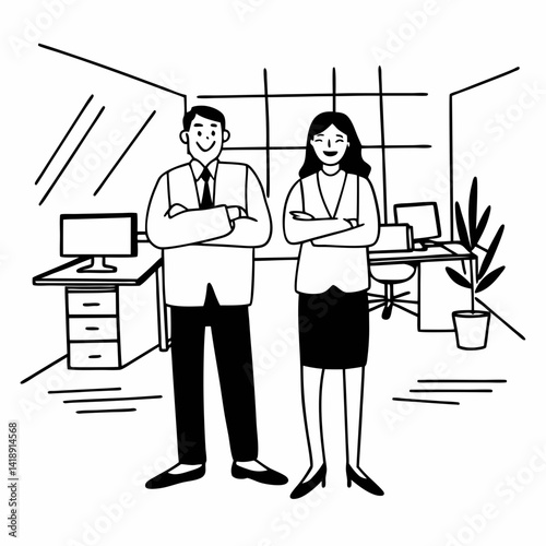 Two happy executive managers, mature business man and woman leaders, successful partners professional team in their 50s standing arms crossed in office at work looking at camera. Corporate portrait