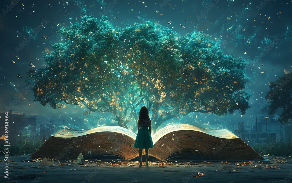 Girl gazing into a magical Book of Imagination, surreal dream world emerging, symbolizing childhood education, creative thinking, and imaginative storytelling, fantasy 3D painting