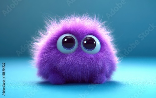 3d cute purple fluffy monster with big eyes cartoon character