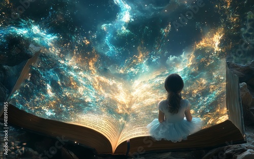 Girl gazing into a magical Book of Imagination, surreal dream world emerging, symbolizing childhood education, creative thinking, and imaginative storytelling, fantasy 3D painting