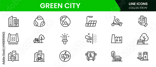 Green city, renewable energy, zero waste, eco, fresh air, pure water, electric vehicles, recycling, environment, bike, landscape, Vector illustration.