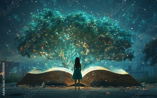 Obraz na płótnie Girl gazing into a magical Book of Imagination, surreal dream world emerging, symbolizing childhood education, creative thinking, and imaginative storytelling, fantasy 3D painting w salonie