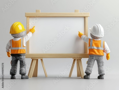 Minimalistic 3D construction worker pointing at blank whiteboard with safety helmet and orange vest on white background