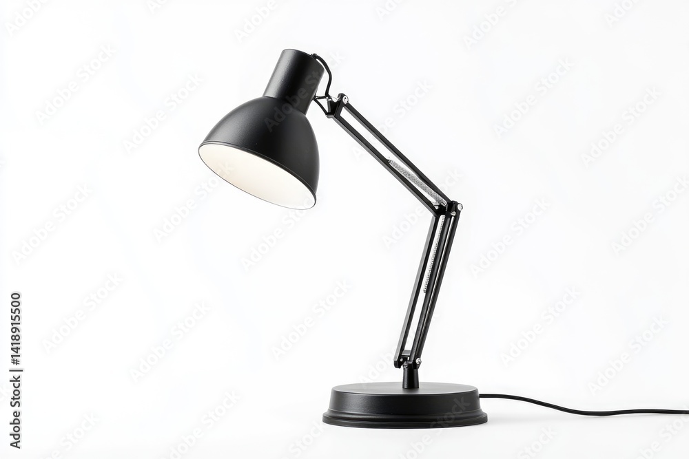 A black adjustable desk lamp with a wide shade, ideal for focused work or reading. A black adjustable desk lamp with a wide shade, ideal for focused work or reading.