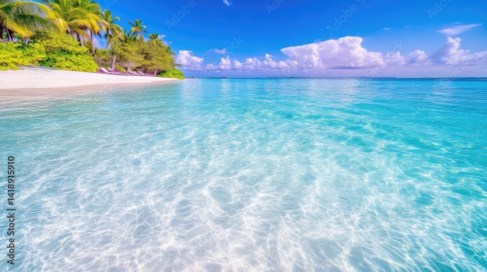 Fototapeta premium Tropical beach with clear turquoise water and white sand, lush green palm trees on the shore, sunny day with blue sky, and serene vacation destination.