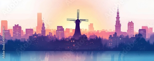 Minimalist Amsterdam Cityscape Windmill Silhouette Pastel Gradient Skyline