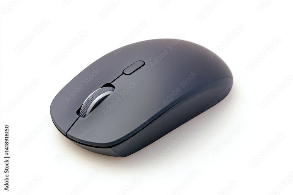 A sleek, dark gray wireless computer mouse, isolated on a white background. A sleek, dark gray wireless computer mouse, isolated on a white background.