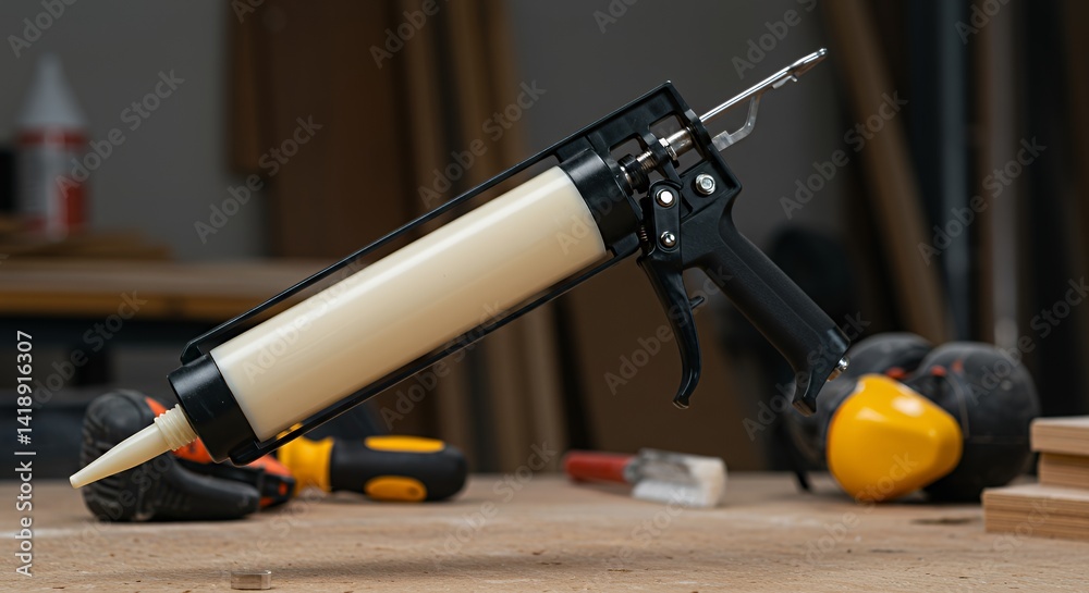 Black Caulking Gun with Off-White Sealant on Wooden Workbench