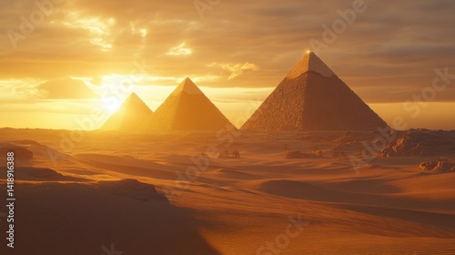 Ancient pyramids at sunset in desert landscape