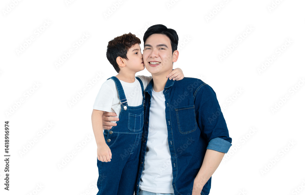 Naklejka premium portrait of asian father and son posing on white background