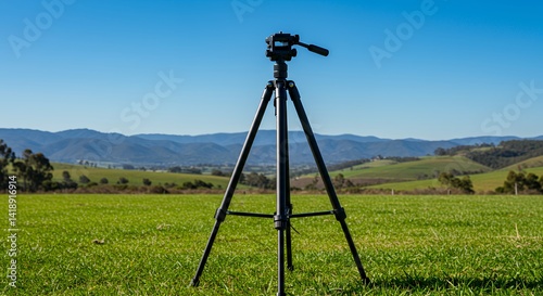 Wallpaper Mural Black Tripod on Green Field with Mountain Background Torontodigital.ca