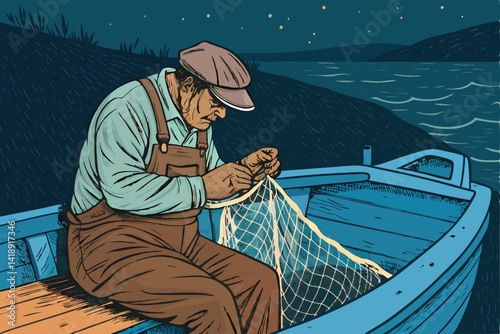 A weathered fisherman meticulously repairs a torn fishing net aboard his small boat, amidst a calm and tranquil sea.