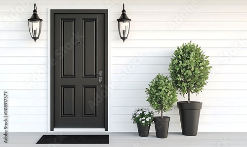 A black front door with a black doormat, two potted trees, and two lanterns on the white siding of a house 