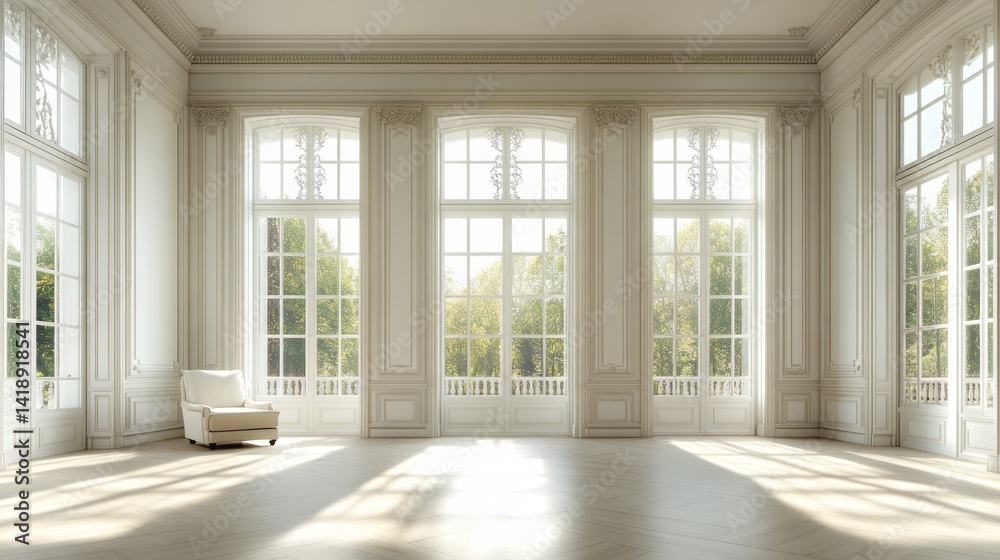 Bright spacious room with white walls and large windows Bright spacious room with white walls and large windows