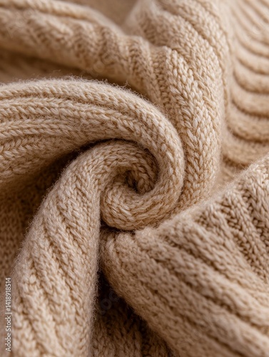 Close-up of Soft Cream Cable Knit Wool Fabric Texture Detail