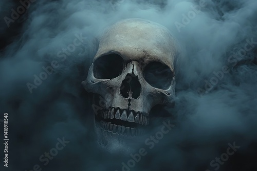Ethereal human skull in mist with dark moody background