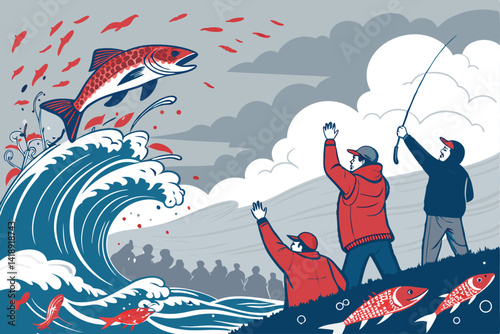 A vibrant, action-packed scene of a fishing competition; jubilant crowd cheering enthusiastically for contestants reeling in their catches.