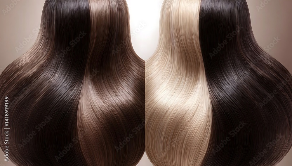 Fototapeta premium Dark brown long curly hair transformed into sleek, shiny straight hair showcasing an impressive before and after effect 