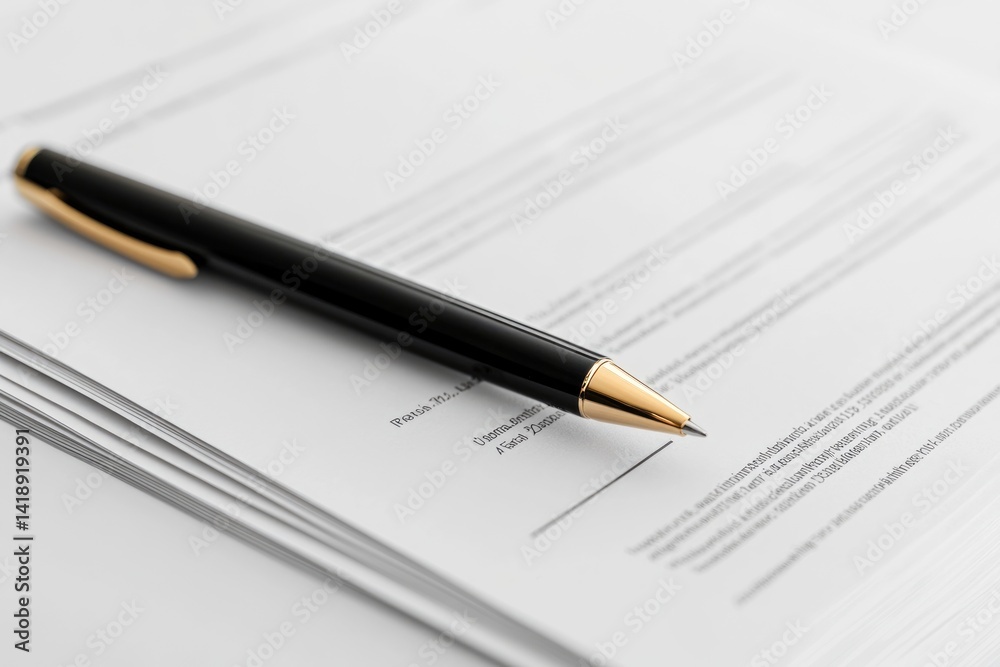 A black pen rests on a stack of papers, ready for signing or writing. A black pen rests on a stack of papers, ready for signing or writing.