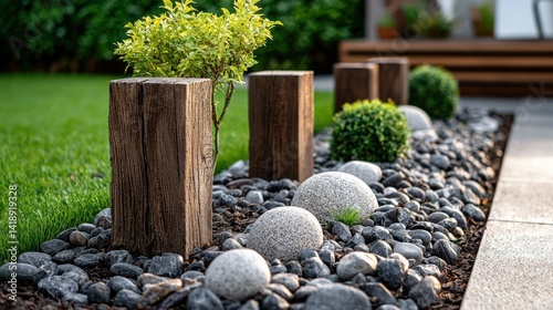 Landscaped garden border with wooden posts, pebbles, and small plants