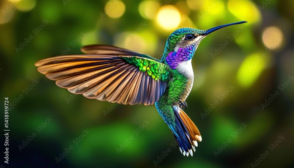 Obraz premium A mesmerizing depiction of a hummingbird amidst verdant surroundings.