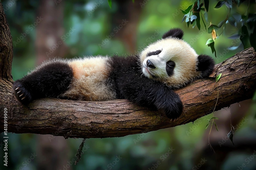 Fototapeta premium Adorable panda bear snoozing on a tree branch in its natural habitat.