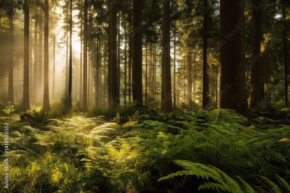 Fototapeta premium Lush Forest with Ferns and Sunlight in High Definition