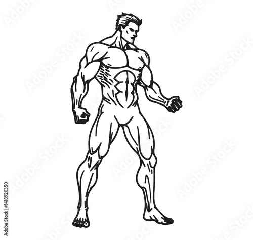 The figure is in a powerful stance with clenched fists and legs slightly apart.