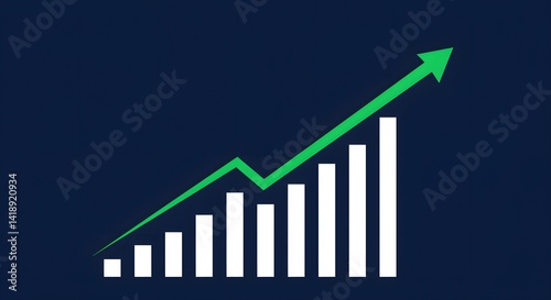 A 3D business graph with an arrow shows financial growth and market success as a visual diagram of increasing profit