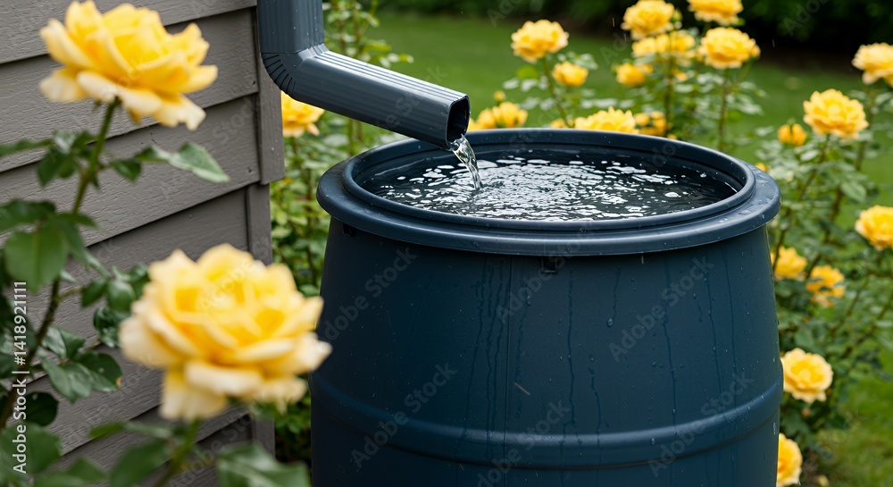 Rain Barrel Collecting Rainwater Beside Yellow Roses