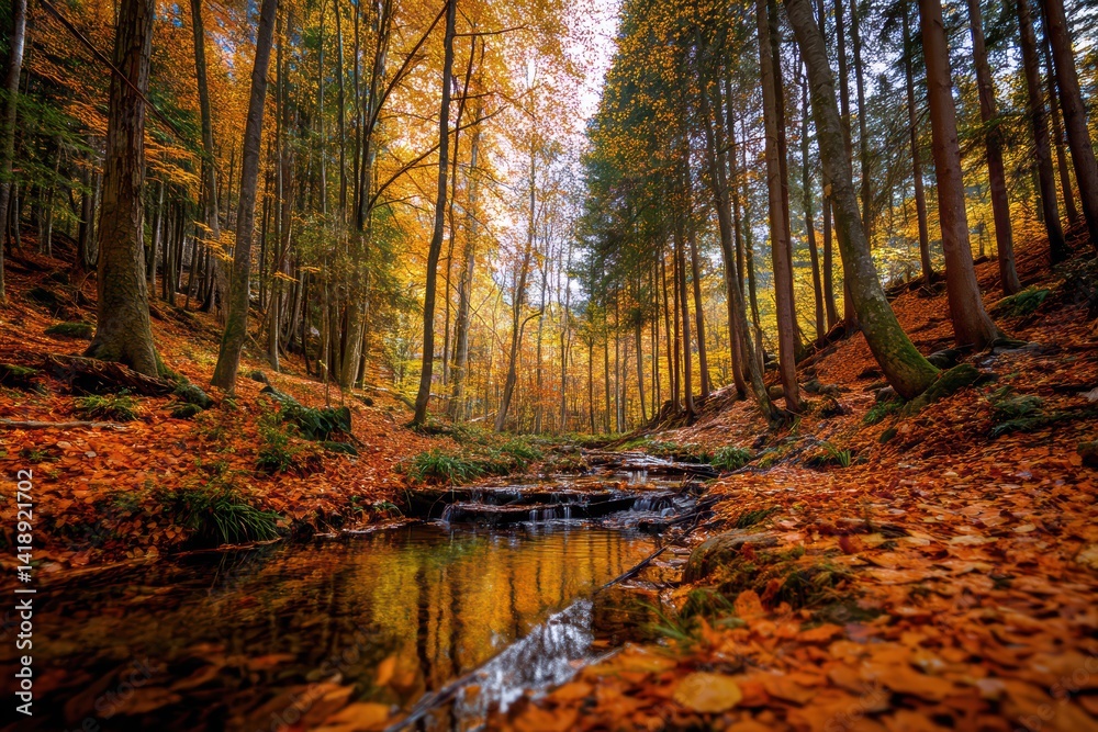 Autumn Forest Creek with Golden Leaves Reflection, Serene Nature Landscape
Autumn Forest Creek with Golden Leaves Reflection, Serene Nature Landscape