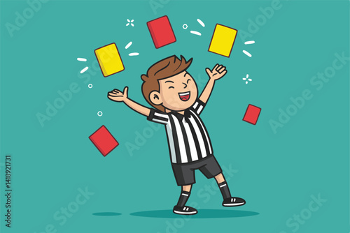 A comical referee hilariously juggling yellow and red penalty cards while riding a shopping cart.  The scene is vibrant and playful.