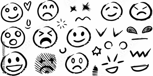 Hand Drawn Doodle Emoji Faces Vector, Black and White Sketch Emoticons Set, Cartoon Facial Expressions Vector Pack, Scribble Style Mood Faces Clipart, Funny Hand Drawn Emotions Vector Isolated